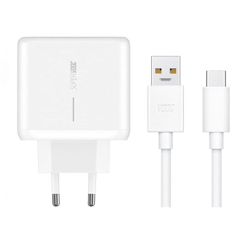 شاحن حائط USB-C اوبو مع كابل Type-C بخاصية SUPERVOOC، بقوة 65 وات - ابيض